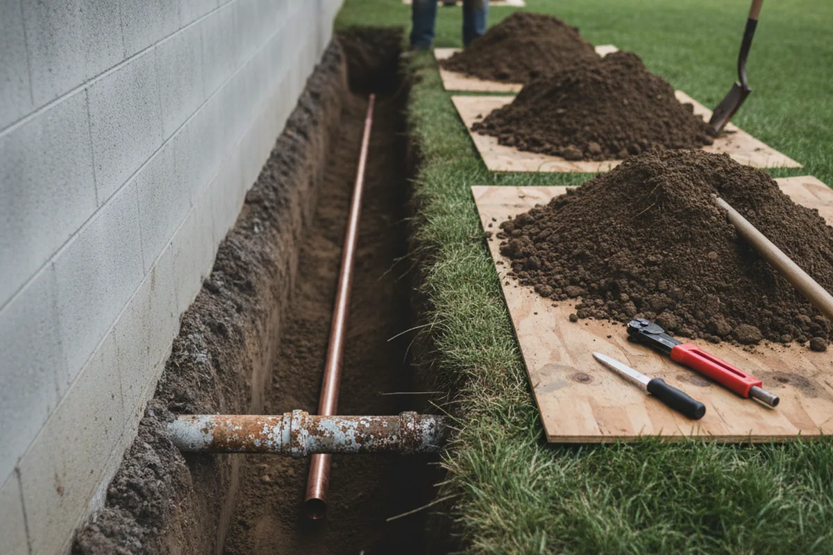 Excavated water line trench during Water Softener Installation in Porter